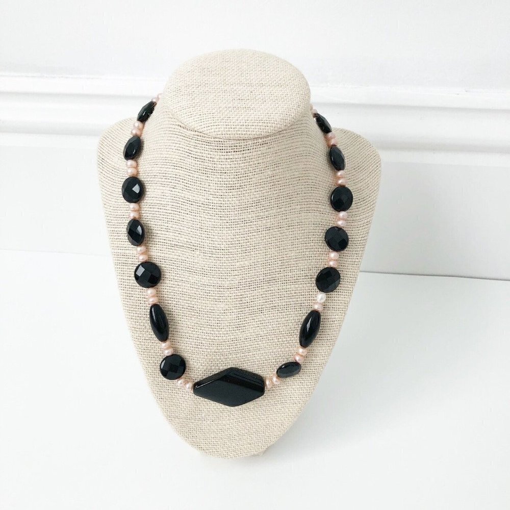 NWT Genuine Black Onyx, Pearls & Black Crystal Beaded Necklace Black Pink